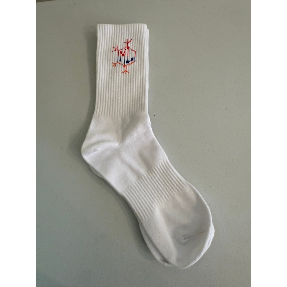 White Crew Socks with Red and Blue Embroidered Graphic Logo Ribbed Athletic